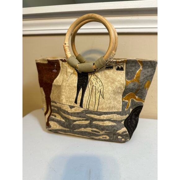 Sun N Sand Small Tote Bag - Unique Giraffe & Zebra Print, Wood Handle - Picture 3 of 10